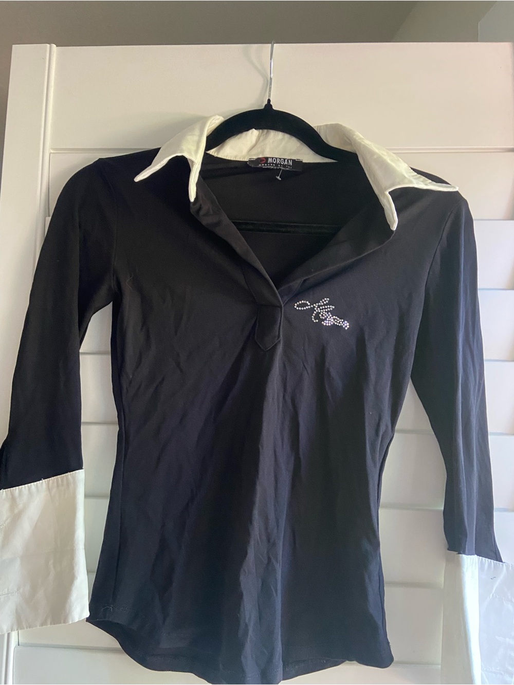 Morgan de Toi Black Button-Down Top with White Collar & Cuffs